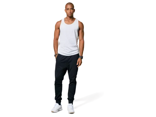 Jeremiah Amaya, African American man, muscular build, shaved head, strong facial features, bright brown eyes, small nose ring, casual wear, white tank top, black athletic pants, sneakers, relaxed post