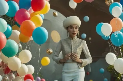 a woman in a white dress and a bunch of balloons,little girl with balloons,amelie,barfi,balloonist,balloons,cloud atlas