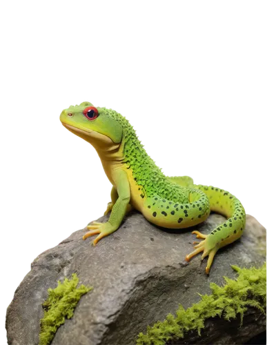 Salamander, green skin, moist texture, rounded eyes, slender body, webbed feet, sitting on rock, moss-covered background, natural habitat, warm lighting, shallow depth of field, cinematic composition,