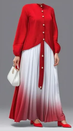 3d fashion drawing for Muslim hejab with pilesee with red dress with bottoms with pleated dress with pelisse and pleats with white bag,woman wearing red and white outfit holding white purse,hanbok,hak