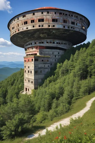 buzludzha,flying saucer,stalin skyscraper,round house,round hut,ufo,panoramical,transylvania,panopticon,bulgaria,airships,borjomi,observation tower,house in mountains,airship,eco hotel,brauseufo,alien ship,concrete ship,rotating beacon,Illustration,Black and White,Black and White 29