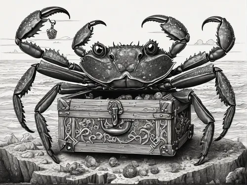 Create a mischievous cartoon crab holding a treasure chest.,square crab,black crab,dungeness crab,rock crab,crab 1,ten-footed crab,crab 2,crab cutter,crustacean,crab,the beach crab,crab violinist,nort