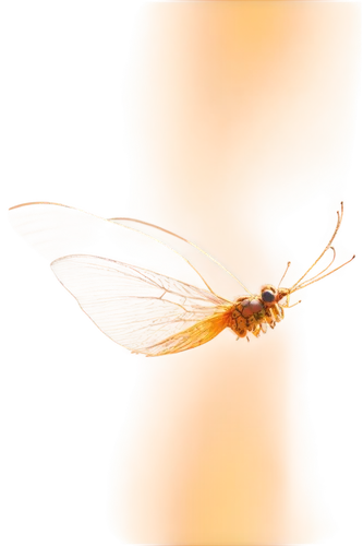 Delicate wings, colorful scales, slender body, antennae, transparent background, solo, floating, gentle fluttering, morning sunlight, soft focus, warm color tone, 3/4 composition, shallow depth of fie