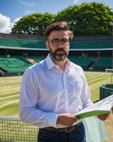 Male, architectural designer, 30s, Wimbledon tennis tournament, casual wear, white shirt, dark blue jeans, black glasses, messy brown hair, holding blueprints, pencil behind ear, standing, Wimbledon s