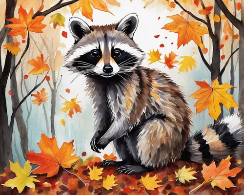 Create a cute raccoon sketch playing with autumn leaves.,north american raccoon,raccoon,autumn icon,autumn background,fall animals,raccoons,rocket raccoon,autumn theme,autumn idyll,autumn colouring,au