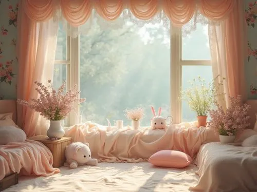 the little girl's room,baby room,nursery decoration,children's bedroom,bedroom,nursery,soft pink,soft pastel,pastel wallpaper,room newborn,sleeping room,morning light,spring morning,beauty room,children's background,dreamland,kids room,meadow in pastel,flower blanket,dream world,Photography,General,Realistic