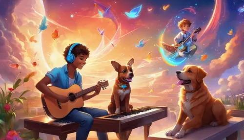 serenade,musicians,laika,cavaquinho,orchestra,guitar player,artists of stars,boy and dog,musical background,musical ensemble,dobermann,music band,musician,game illustration,art bard,harmony,music book,vizla,rosa ' amber cover,dog illustration,Illustration,Realistic Fantasy,Realistic Fantasy 01