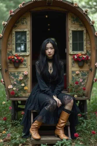 highly detailed photograph of a beautiful Asian woman with long black messy hair she is wearing a high necked black gothic style dress with tan boots. She is sat on the back step of an old fashioned i