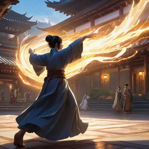 kongfu,sanxia,xufeng,rongfeng,xiaojian,dancing flames,Illustration,Realistic Fantasy,Realistic Fantasy 01