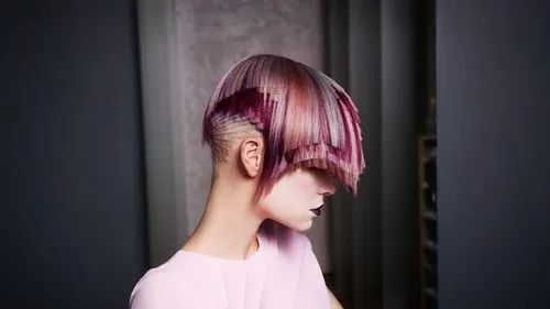 asymmetric cut,hime cut,light purple,pink hair,veil purple,dark pink in colour,hair coloring,pink-purple,dusky pink,dark pink,trend color,wing purple,natural pink,back of head,violet head elf,pixie-bo