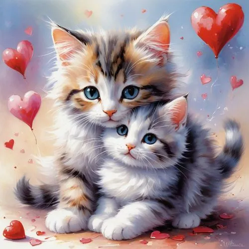 a cute little cat hugs a cute little kitty and both are happy with hearts flying around.,cat love,cat lovers,heart clipart,cute animals,sweethearts,cute cartoon image,valentine clip art,kittens,cute c