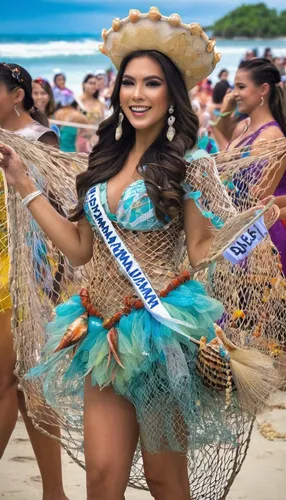 What a way toshellabrate! Miss Panama Carmen Jaramillo donned a costume adorned with a fishing net and shells as she represented her country,brazil carnival,hula,honduras lempira,brasileira,peruvian w