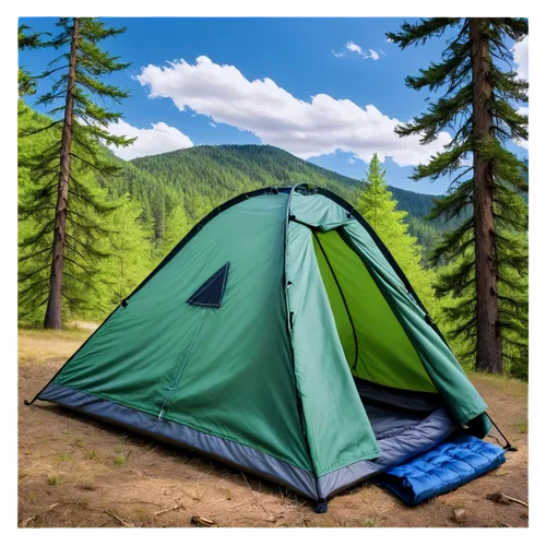 Camping scenes, outdoor adventure, tent, sleeping bag, backpack, forest surroundings, trees, mountains, sunny day, blue sky, fluffy white clouds, warm lighting, panoramic view, 3/4 composition, shallo