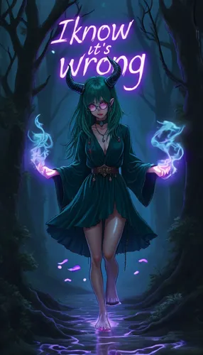 An evil girl walks with sparking purple magic while splashing through glowing purple puddles at her feet. Glowing purple lettering above pulses.,an animated style anime image of a female witch with ho