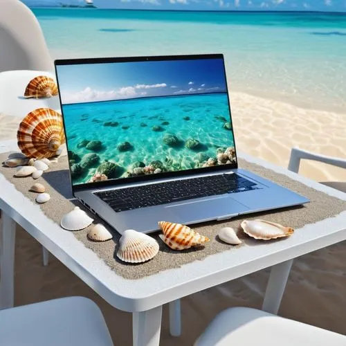 Shell inspired table  on that laptop working in sea ,a laptop sits on top of a sandy table,inspiron,laptop screen,beach furniture,beach background,ultrabook,laptop,chromebook,splashtop,windows wallpap