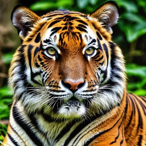 Tiger,a close up of a tiger in grass and plants,sumatran tiger,asian tiger,bengal tiger,tiger,sumatrana,harimau,Photography,General,Realistic