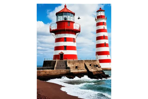 Lighthouse, seaside, towering structure, white and red stripes, lantern room, glass windows, spiral staircase, rusty metal door, intricate stonework, waves crashing, seagulls flying, sunny day, dramat