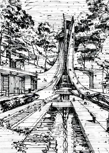 a sketch of a long bridge going across the river,brodsky,suspension bridge,ski jump,footbridges,footbridge,oxenbridge,holmenkollen,hanging bridge,bridge,arcology,mono-line line art,niteroi,pictbridge,