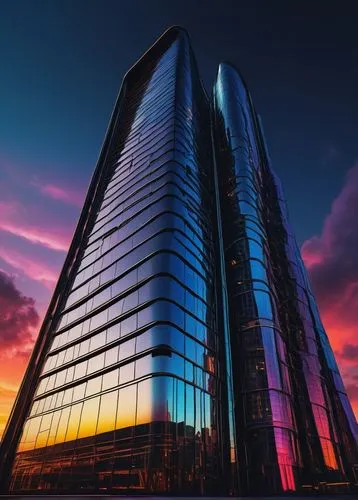 Futuristic skyscraper, abstract design, metaphorical architecture, gleaming metallic materials, reflective glass surfaces, intricate structural details, curved lines, dynamic shapes, neon lights, city