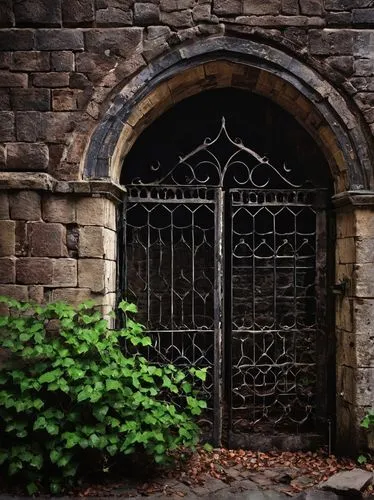 Eastern State Penitentiary, Gothic Revival style, imposing structure, stone walls, rusted iron gates, grand entrance, arched windows, narrow towers, crumbling facade, overgrown with ivy, broken clocks