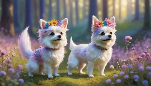 Cute AI Pixie dog, standing, fluffy fur, pink ears, sparkly eyes, tiny nose, shimmering wings, pastel rainbow colors, glittery tail, flower crown, holding a miniature paintbrush, artistic palette near