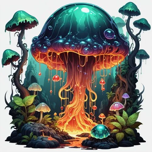 mushroom landscape,mushroom island,forest mushroom,tree mushroom,mushroom type,conocybe,Illustration,Abstract Fantasy,Abstract Fantasy 11