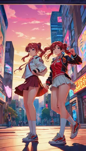 anime japanese clothing,anime 3d,dusk background,red robin,shibuya,two girls,fighting poses,lancers,love live,sakura background,would a background,background images,tokyo city,musical background,background image,car hop,cg artwork,dance club,background screen,skipping,Illustration,Retro,Retro 08