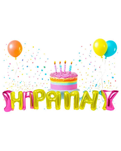 Colorful birthday cake, sparkling candles, festive balloons, shiny gift boxes, smiling cartoon characters, colorful streamers, confetti, vibrant flowers, 3D metallic font, circular composition, soft f