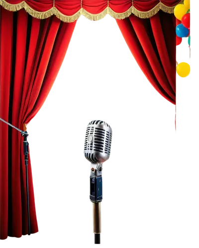 Vintage microphone, old-fashioned speaker, colorful circus tent, bright balloons, nostalgic atmosphere, retro music player, MP3 icon, shiny brass instruments, vibrant red curtains, warm stage lighting