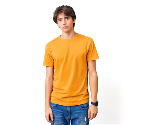 Cartoon style, teenage boy, small nose, big eyes, messy brown hair, red pimple on forehead, yellow shirt, blue jeans, casual sneakers, relaxed posture, leaning against wall, soft focus, warm color ton