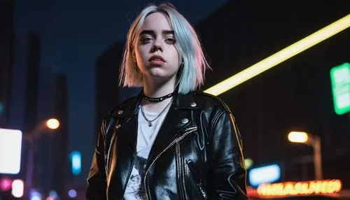 Billie Eilish, 19yo, solo, edgy hairstyle, bold eyebrow, piercing gaze, pale skin tone, dark eyeliner, silver necklace, black leather jacket, white tank top, high-waisted ripped jeans, black boots, co