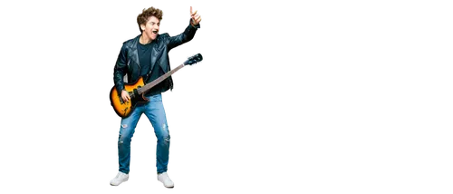 Crazy person, solo, male, messy hair, wild eyes, colorful clothing, ripped jeans, black leather jacket, sneakers, holding a guitar, shouting, energetic pose, dynamic movement, blurred background, warm