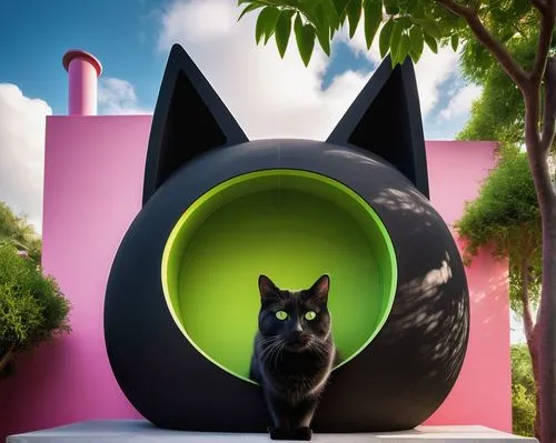 Whimsical cat-shaped building, modern minimalist design, sleek black fur-inspired exterior, bright green eyes as windows, pink nose as entrance, fluffy white cloud-like decorations on rooftop, surroun