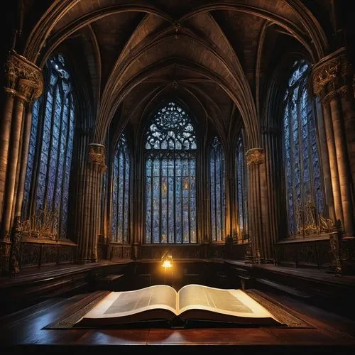 Gothic architecture, ancient mysterious book, leather-bound cover, golden metal clasps, ornate decorations, intricate stone carvings, grand cathedral, stained glass windows, dimly lit interior, vaulte