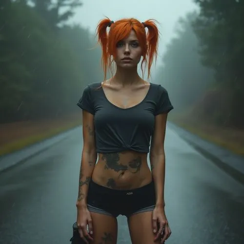 Young women in tight t-shirt, shorts, tattoo on her stomach and inner thighs, gets steeped under the rain, boots, stand on her knees on foggy gloomy road, bright orange hair,a beautiful woman in short