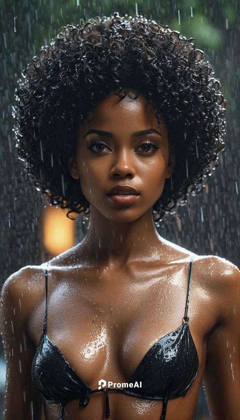 An exquisite  woman with deep ebony skin and a realistic afro hair bathing in the pouring rain, the image is captured in stunning 4K, enhancing every single detail. Her beauty is astounding. Her eyes 