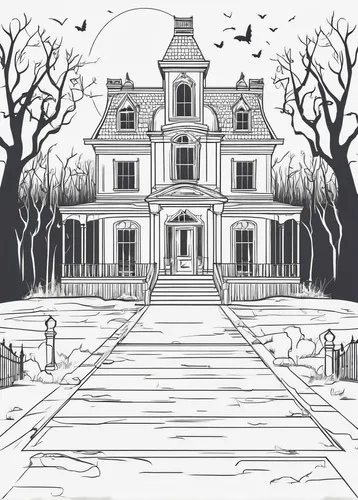 halloween line art,witch house,witch's house,halloween illustration,the haunted house,haunted house,house drawing,coloring page,halloween background,ghost castle,houses clipart,house silhouette,haunted castle,halloween scene,doll's house,creepy house,mansion,coloring pages,hand-drawn illustration,halloween border,Illustration,Black and White,Black and White 04