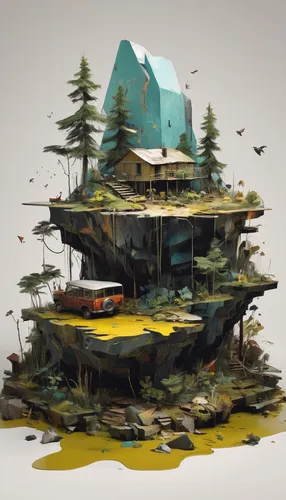 house in the forest,floating island,floating huts,treehouse,tree house,house with lake,log home,house in mountains,inverted cottage,house in the mountains,the cabin in the mountains,floating islands,houseboat,small cabin,mountain huts,small house,autumn camper,boathouse,syringe house,mountain settlement,Conceptual Art,Oil color,Oil Color 01