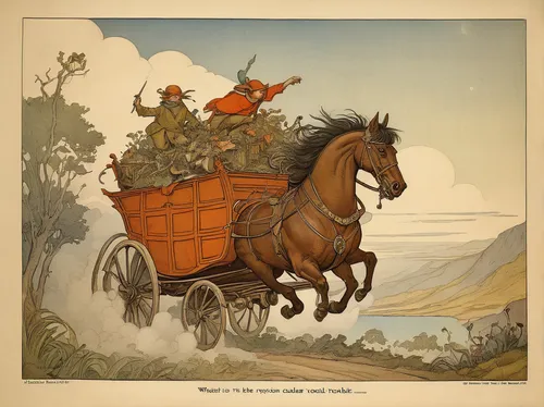 Transport the reader to a mystical fantasy realm where a mischievous creature called Wacko is causing trouble.,covered wagon,handcart,horse-drawn vehicle,horse and cart,horse and buggy,horse-drawn,str