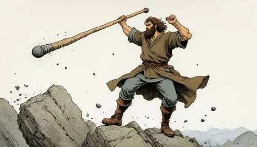 quarterstaff,throwing axe,stonemason's hammer,mountaineer,barbarian,woodsman,ball-peen hammer,mountain guide,a carpenter,a hammer,shepherd's staff,the wanderer,dane axe,geologist's hammer,east-european shepherd,fiddler,axe,heroic fantasy,swordsman,cannon stick,Illustration,Japanese style,Japanese Style 08