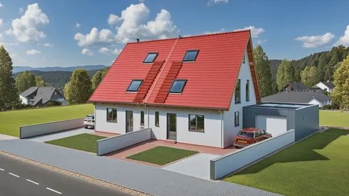 Generate a 3D CAAD model of a modern duplex house with a red gable roof, designed as two separate single-family homes connected in the middle. The house has a clean, white façade with large windows, i