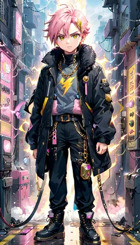 chaoyang,electrician,cyber,welder,engineer,meteora,cyberpunk,pink robin,stylish boy,japanese sakura background,mechanic,rain suit,kid hero,anime boy,high-visibility clothing,omega,parka,punk design,hero academy,operator,Anime,Anime,Traditional