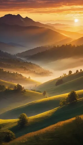 the sunrise over rolling hills with some trees in it,carpathians,rolling hills,moravia,windows wallpaper