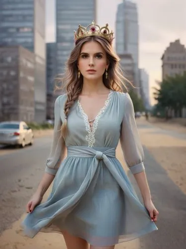 a woman with long brown hair and bright brown eyes stands in the middle of a bustling city street, gazing out at the skyscrapers. She wears a red gown and a pair of black shoes, and a crown made of go