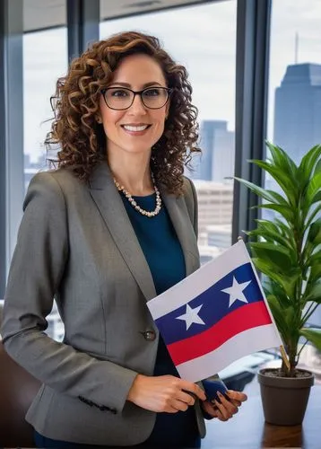 Texas interior designer, female, 30s, professional attire, glasses, curly brown hair, natural makeup, standing, certificate in hand, Texas state flag in background, modern office interior, wooden desk