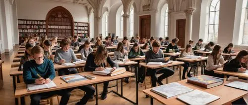 Architecture classroom, lecturer standing, whiteboard markers, students seated, taking notes, laptops open, architectural models displayed, blueprints spread, building designs projected, modern skyscr