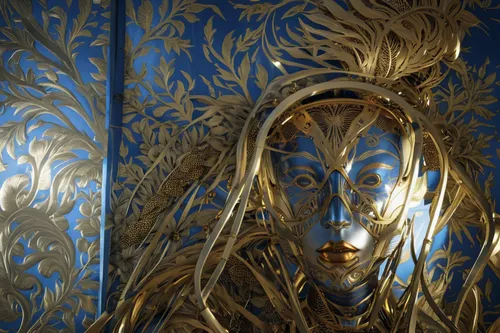 decorative figure,golden mask,gold leaf,gold mask,gold foil laurel,decorative art,gold paint stroke,wall light,venetian mask,gold foil mermaid,gold paint strokes,gold foil art,golden wreath,metallic door,sconce,light fixture,gold lacquer,decorative element,theatre curtains,art deco ornament,Photography,General,Realistic