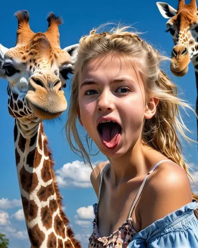 A highly detailed photo of a young girl with messy, voluminous blonde hair , sticking out her tongue. She is hugging a fluffy giraffe, which also has its tongue playfully sticking out.,giraffes,exotic