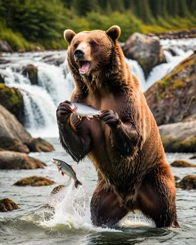 Bear Catching Fish in Mouth Coastal Brown Bears Fishing for Leaping Salmon Katmai National Park and Preserve Alaska Brooks Falls Lodge Fine Art Wildlife Alaskan Grizzly Bear Photography! Sony Alpha 1 