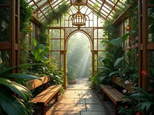 Bronze accented greenhouse, tropical plants, lush greenery, natural light pouring in, warm ambiance, elegant bronze frames, ornate details, vines climbing up, exotic flowers blooming, misty atmosphere